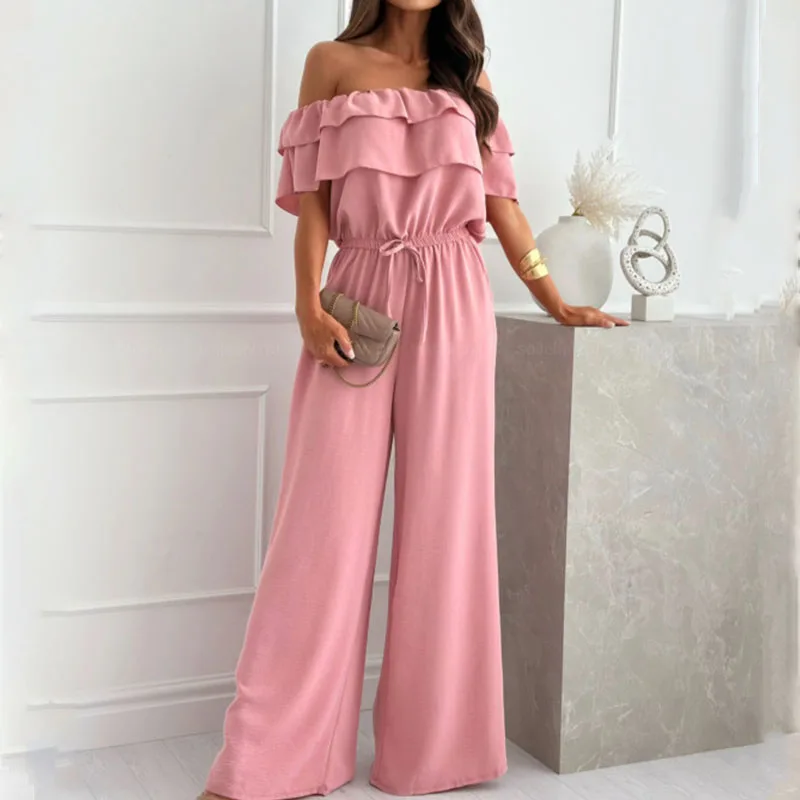 

Casual Solid Summer Romper New Slash Neck Ruffled High Waist Jumpsuits Women's Fashion Off Shoulder Lace Up Long Pants Playsuit