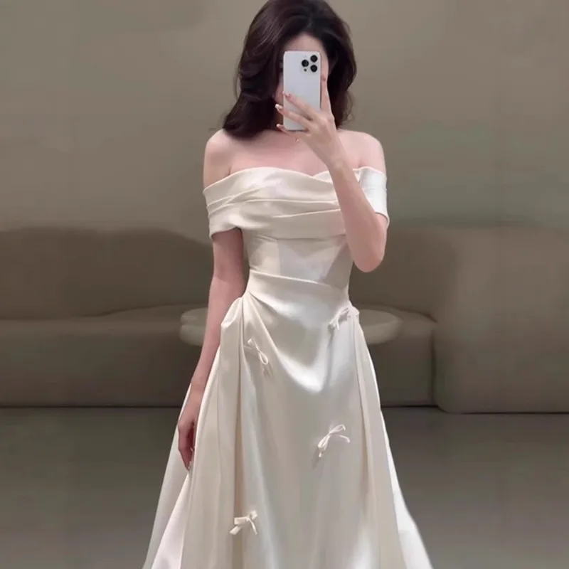 

Pure White One-shoulder Strapless Dress Train Dress French Vintage Coming-of-age Ceremony Graduation Birthday Party Prom Wedding