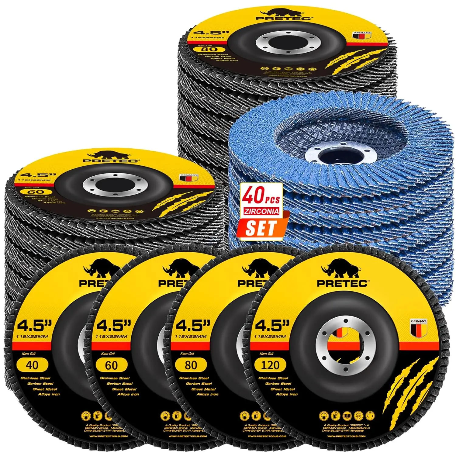 

Набор из 40 лепестковых дисков 4,5 дюйма для угловой шлифовальной машины, абразивные диски из циркония зернистостью 40/60/80/120 для шлифовки металла и удаления ржавчины