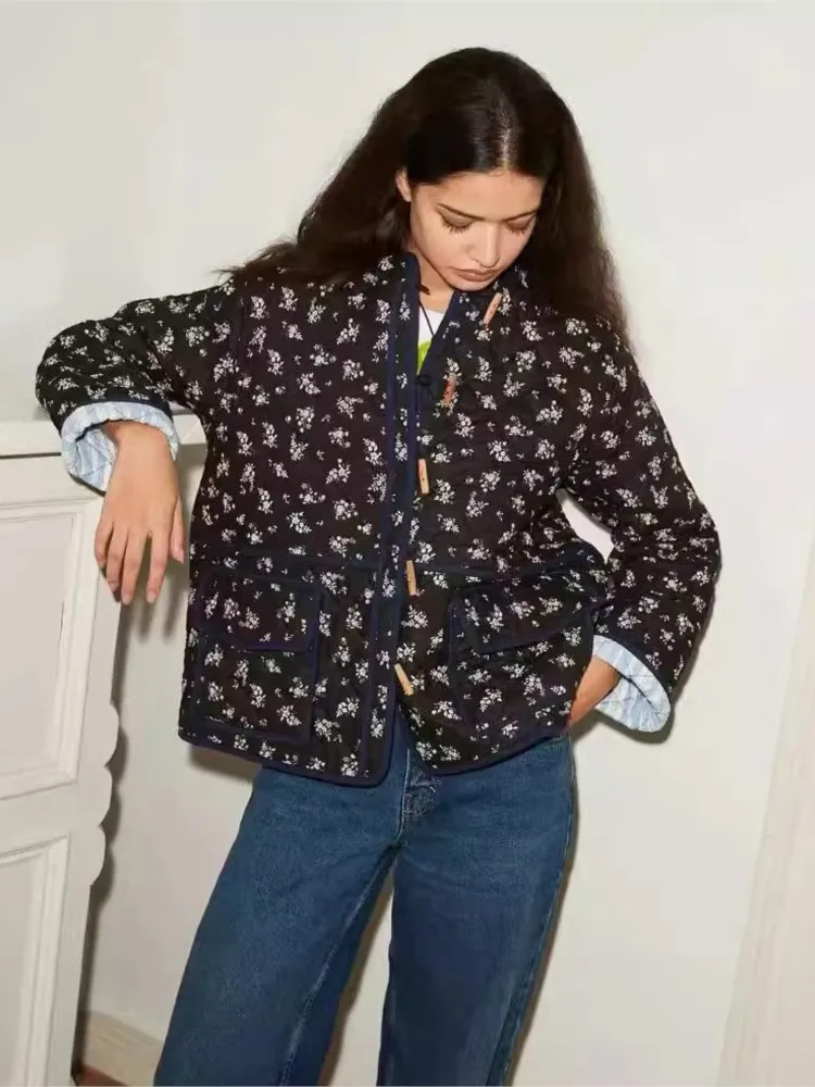 Chaqueta de algodón de un solo pecho de madera para mujer, abrigo de retazos con estampado Floral verde, holgado y elegante, prendas de vestir con bolsillo, ropa de moda para invierno