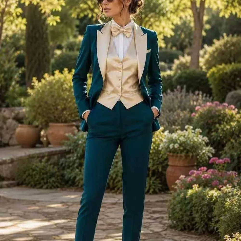Blue-Green Champagne Formal Business Women Suit Wedding Party Prom Mother Girl Tuxedos Costume 3 Piece Set Blazer Vest Pants