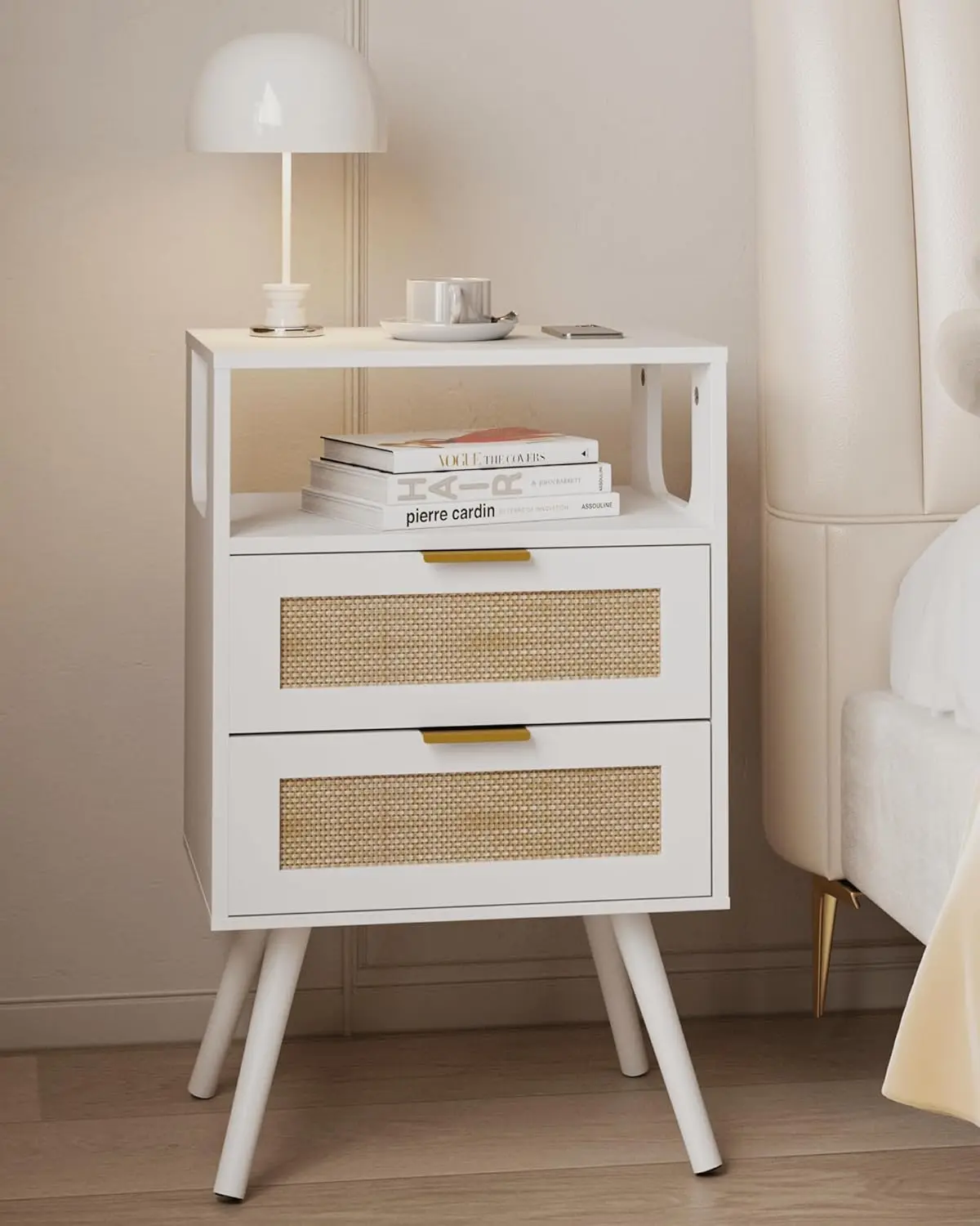 

Rattan Nightstand,Farmhouse Bedside Table with 2 Storage Drawer and Open Wood Shelf, for Bedroom and Small Spaces,Night Stand