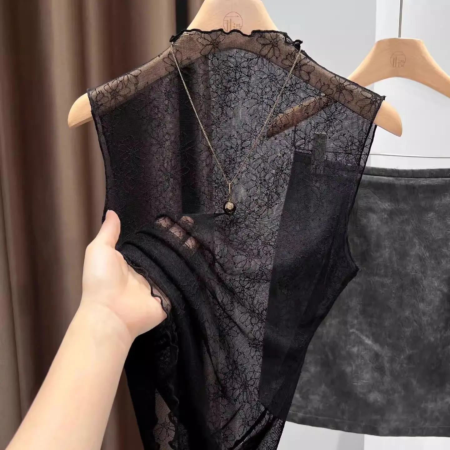 

Sexy Hollow out Mesh Tank Top Women's Sleeveless T-Shirt Half High Collar Summer New Style Spicy Girl Inner Wear Casual Home ...