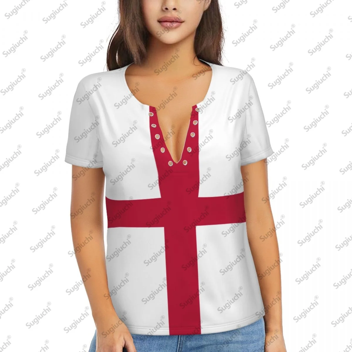 

2025 ENGLAND Flag Sexy Deep V Neck Women 3D Short Sleeve Fashion Tees Female Clothing Tops Girl Casual Blouse Tees