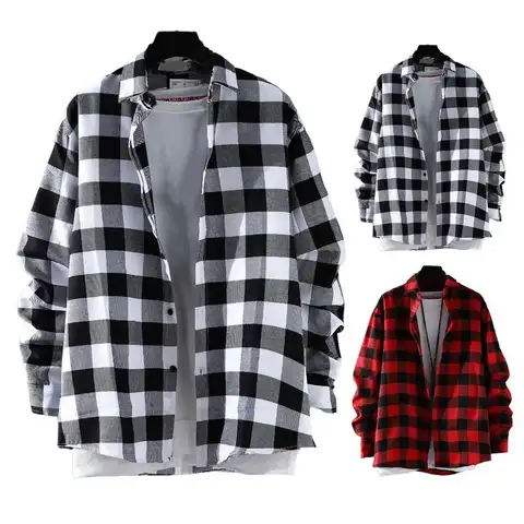 Camicia a quadri da uomo a maniche lunghe coreana con bottoni sottili da uomo autunno uomo primavera camicia casual cappotto sottile camicia allentata oversize cardigan