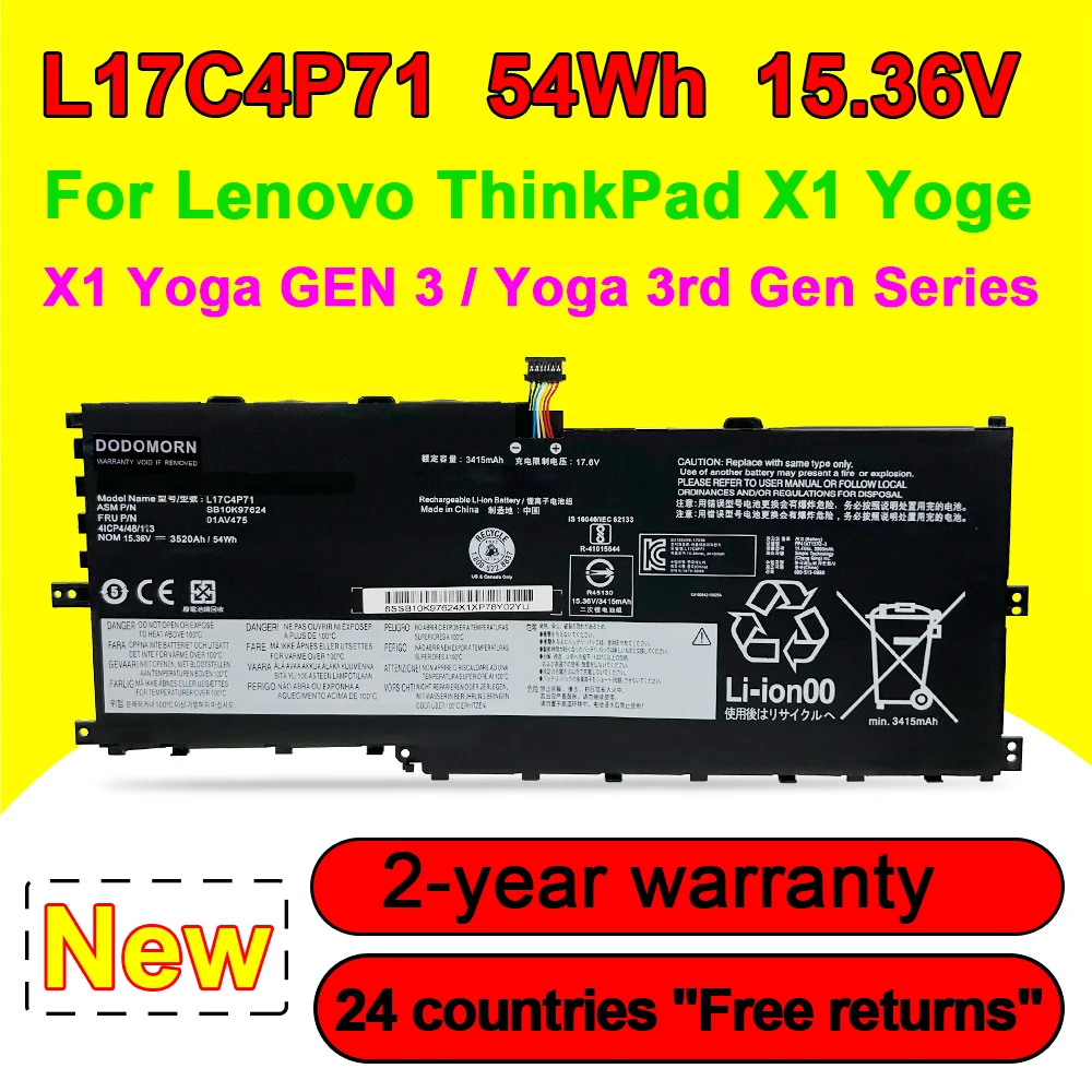 New 01AV474 Battery For Lenovo ThinkPad X1 YOGA GEN 3 2018 01AV475 L17M4P71 L17C4P71 SB10K97623 01AV499 L17C3P71
