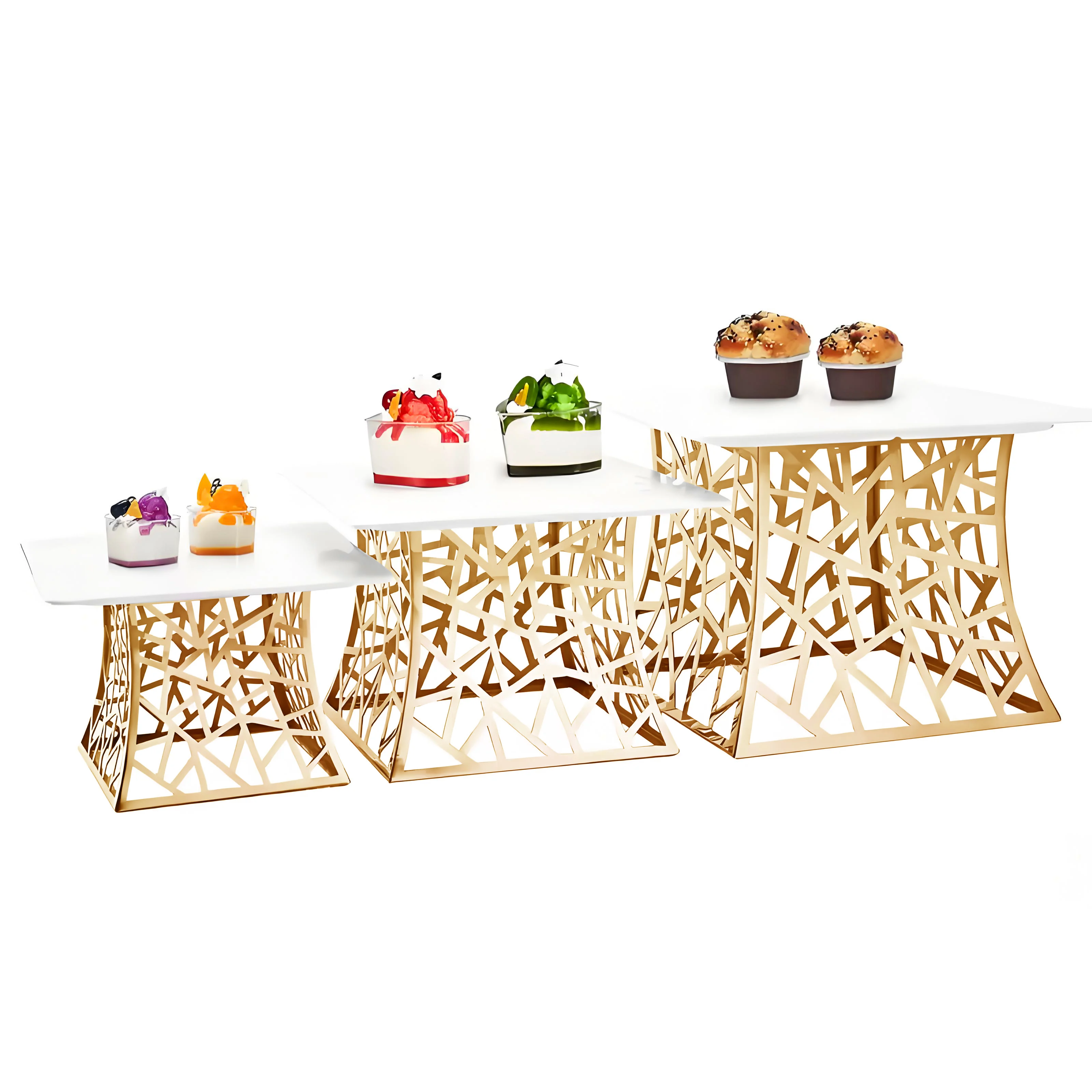 

Wedding Decor Metal Dessert Stand Table Cakes Buffet Food Sweets Display Rack New Design Fish Scale Gold Cake Stand Set