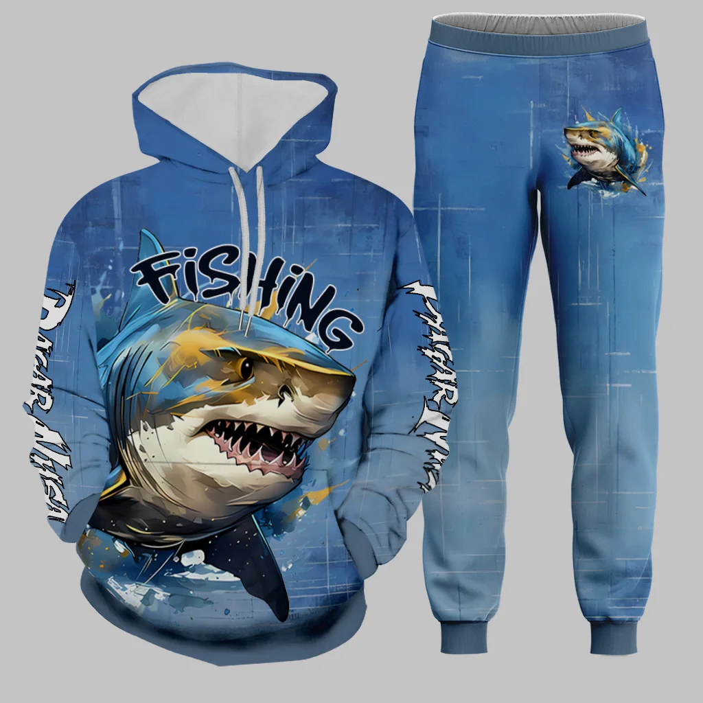 Ensemble à capuche pour hommes, pêche en plein air, imprimé en 3D, sweat à capuche + pantalon, ensemble deux pièces, surdimensionné, Cool, décontracté