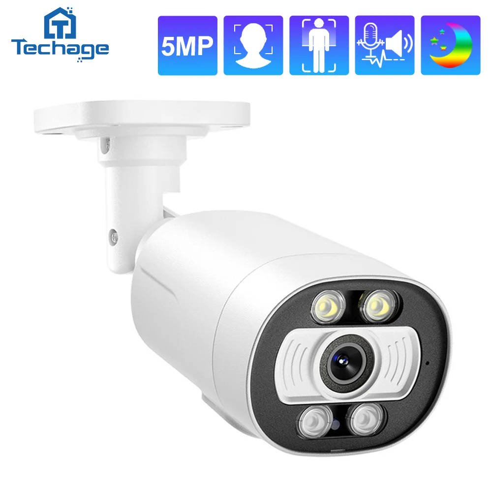 Caméra IP PoE Techage 5MP CCTV H.265 avec audio bidirectionnel, détection humaine, enregistrement audio, sécurité domestique intelligente, surveillance vidéo extérieure