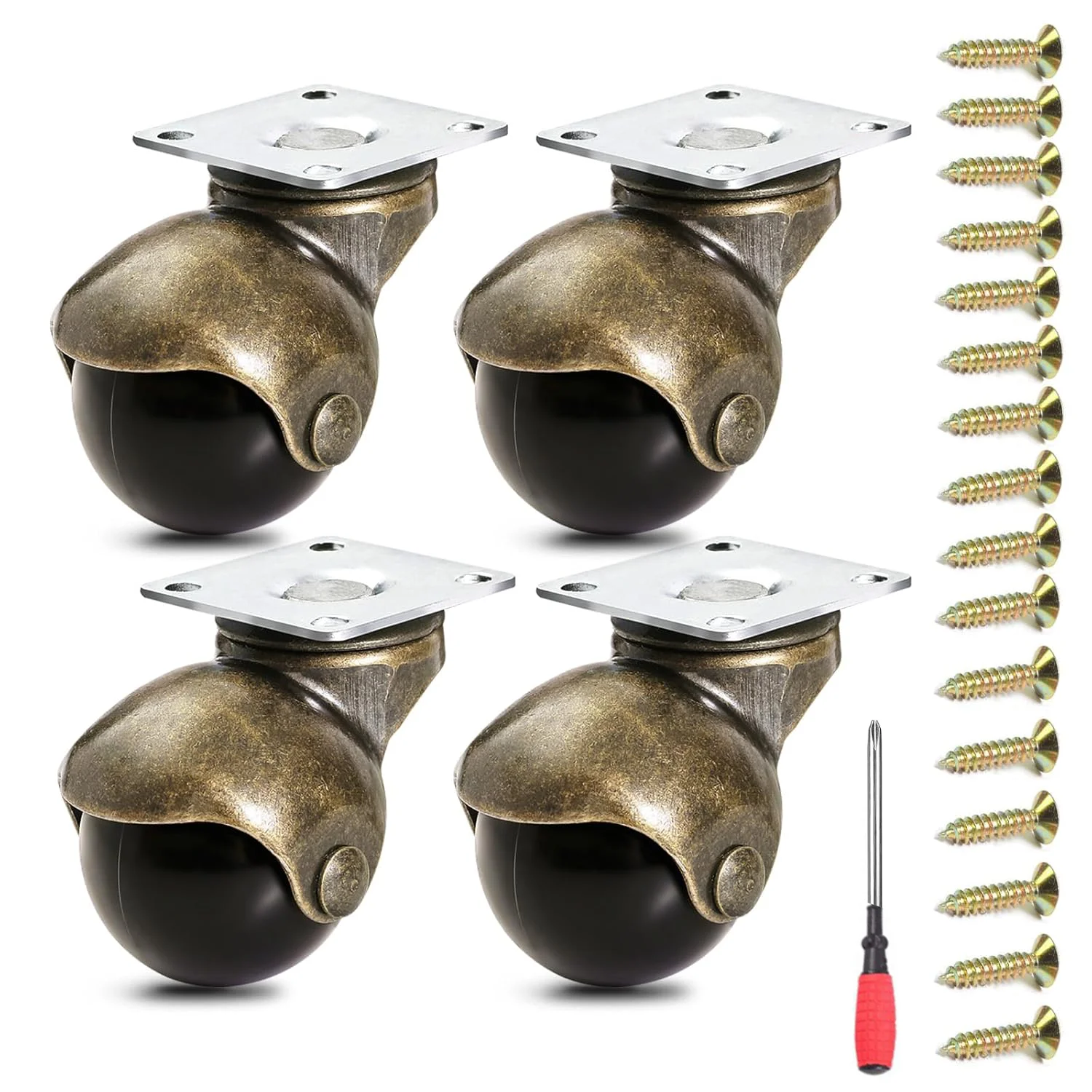 

4pcs 1.5/2 Inches Ball Caster Wheels Brake No Break Bronze Rubber Swivel Casters for Office Chair Sofa Platform