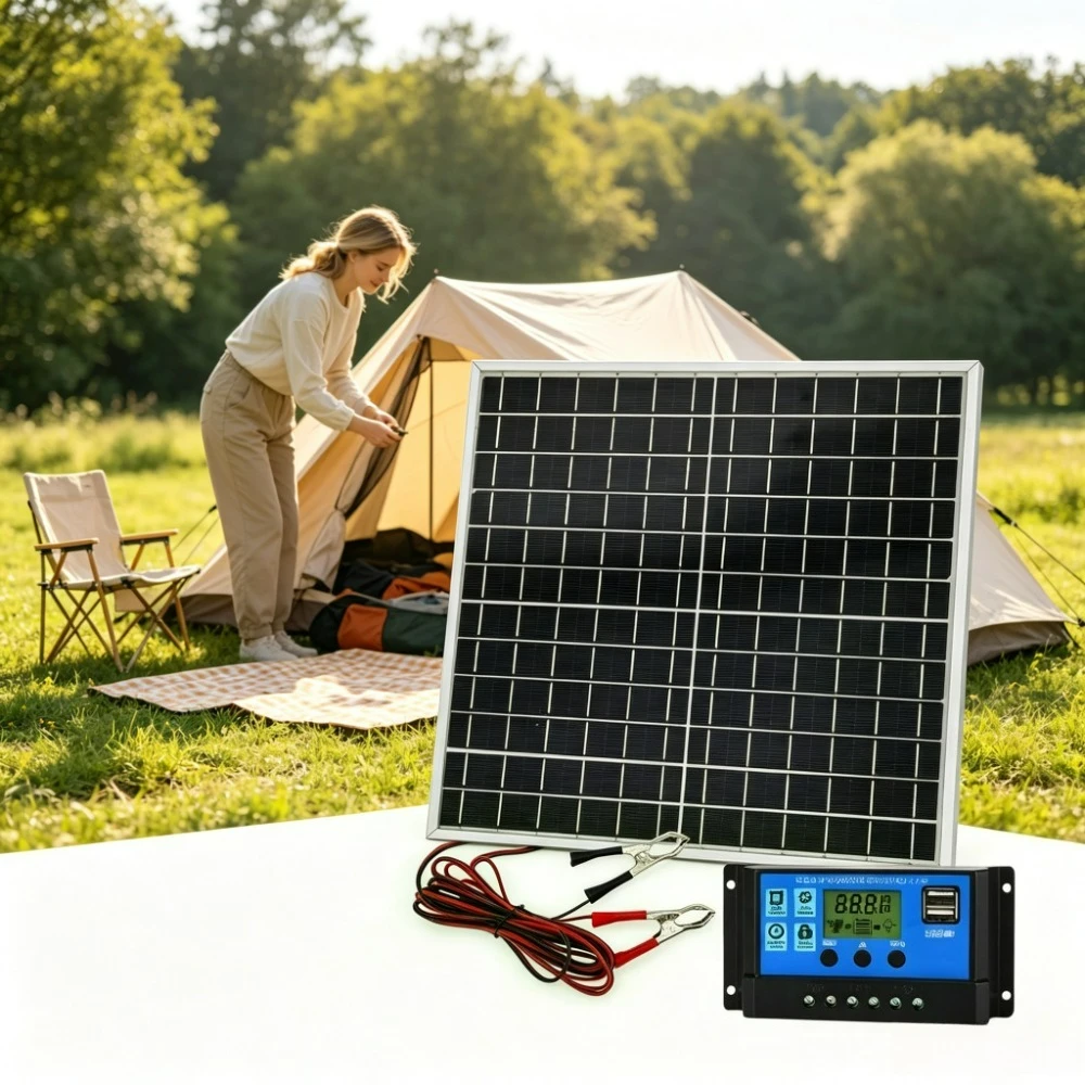 Portable Monocrystalline Solar Panel 12W Kit Aluminum Frame Supporting 12V Solar Charge Controller for Outdoor RV Camper Boat