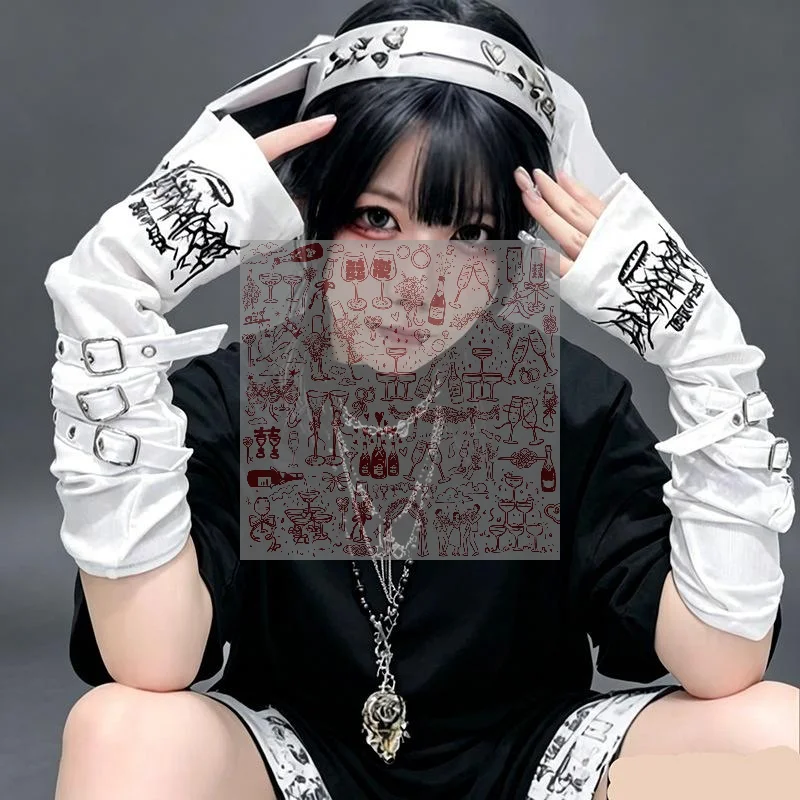 1Pair Black Gothic Fingerless Long Gloves Embroidery Design Adjustable Buckles For Halloween Cosplay Punk Party Streetwear