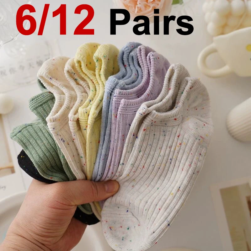 

6/12 Pairs Women Dot Yarn Striped Short Socks Fashionable Sweet Style Soft Comfortable Sweat Absorbing Breathable Casual Socks