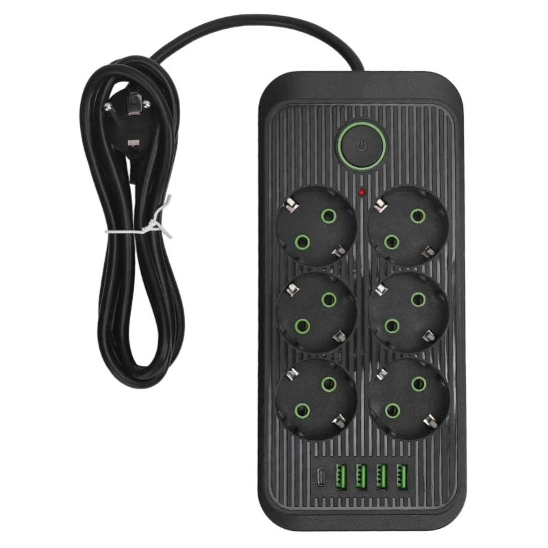 

6-портовый сетевой удлинитель с 4 USB-портами и 1 портом Type-C, европейский стандарт, с выключателем, кабель 2 метра