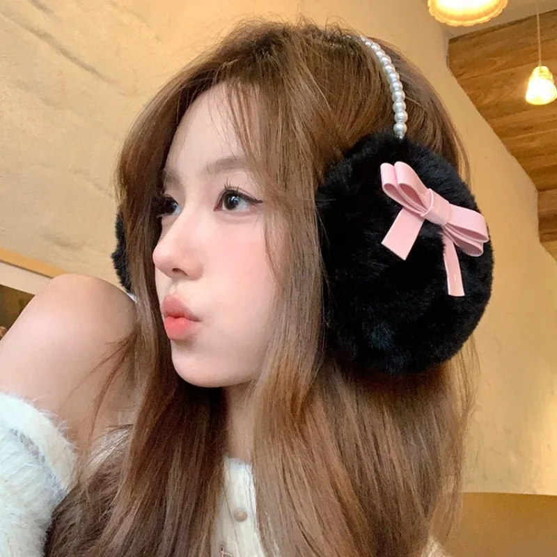 

Anjj Pink Bow-knot Pearl Earmuffs 2025 New Trendy Fashion Winter Warm Soft Knit Ear Warmer Headband Woman Ear Muffs