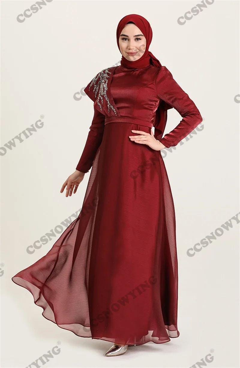 

Burgundy Organza Appliques Muslim Evening Dress Long Sleeve Hijab Islamic Prom Formal Party Gown Arabic Women Robes De Soirée