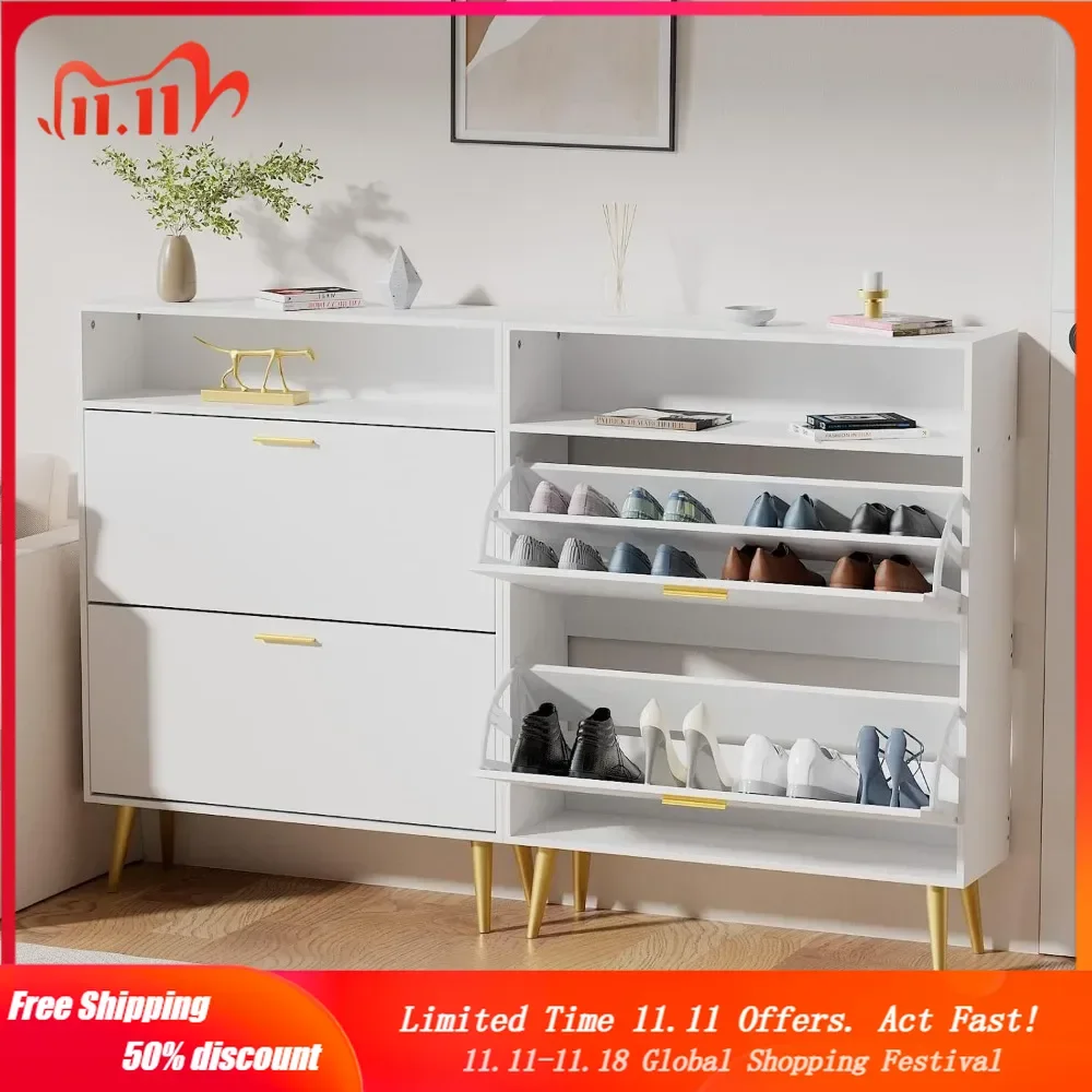 

Shoe Cabinet for Entryway, White Narrow Shoe Storage Cabinet with 2 Flip Drawers, Freestanding Hidden Shoe Rack Storage