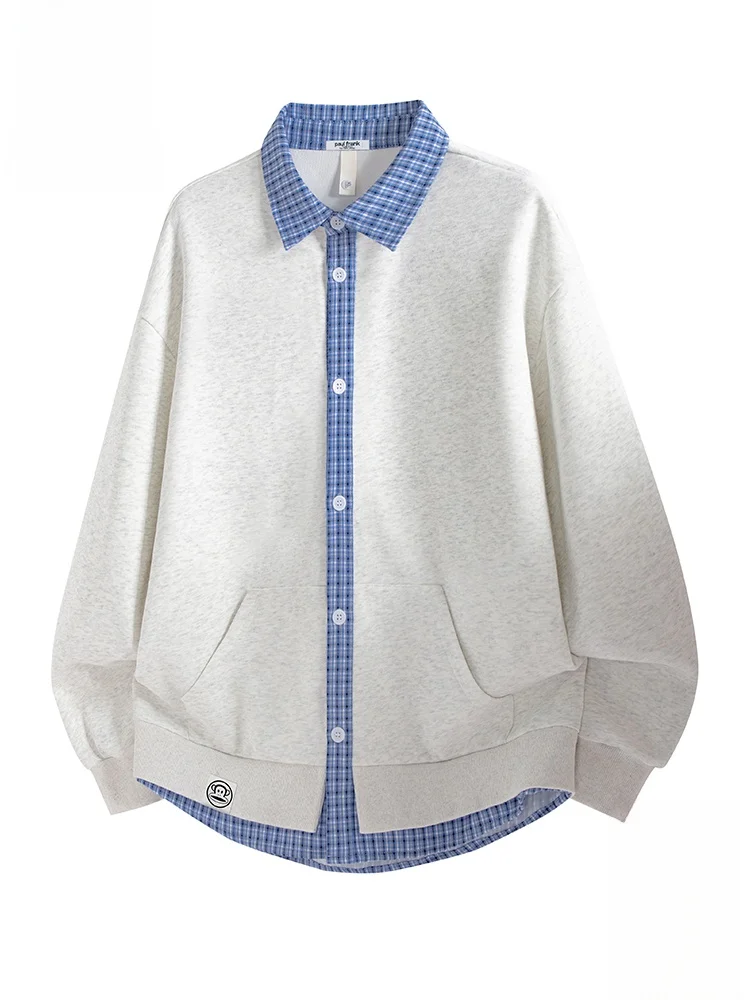 

PaulFrank Plaid Splicing Collar Sweatirt Men's Casual Autumn Design Couple Open Cardigan Jaet Comfortable Polyester