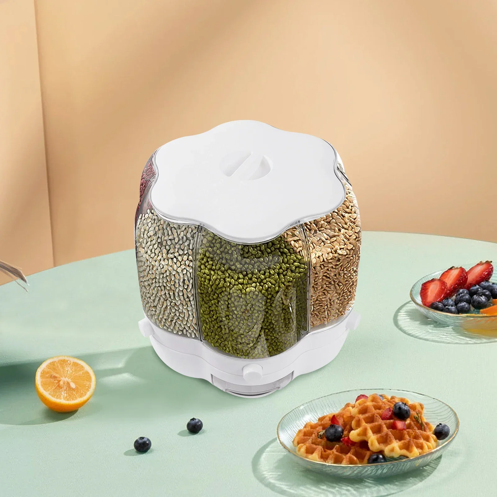 

6 сеток большой 360 ° Вращающийся дозатор пищевых продуктов, белый кухонный резервуар для хранения емкостью 27,56 фунтов) для зерна, орехов, кофе