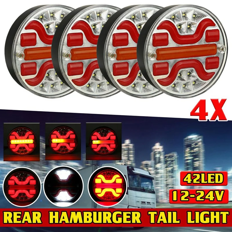 4X 42 LED Rear Round Hamburger Tail Lamp Lights Lorry Truck Car Van Trailer