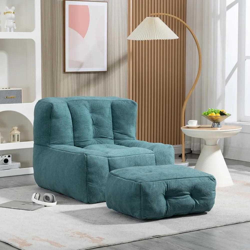 Accent Chair with Ottoman, Lounge Armless Chair Upholstered Reading Chair Single Sofa, Soft Lazy Bean Bag Sofa Chair with Memory