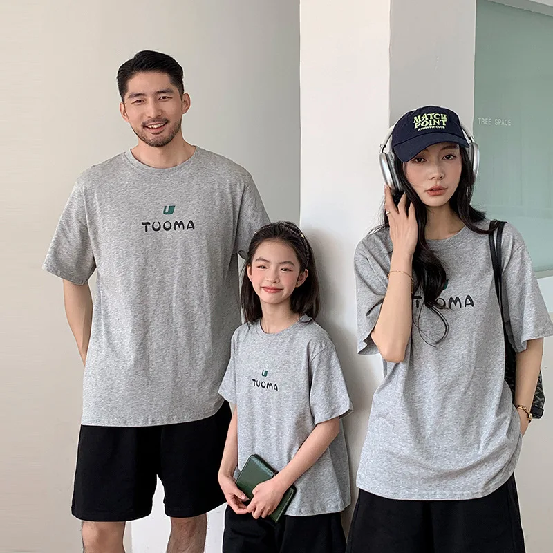 2026 Summer Family Matching T-shirts Letter Print Cotton Short Sleeve Mommy and Me Family of 3 Casual Soft Crew Neck Tees