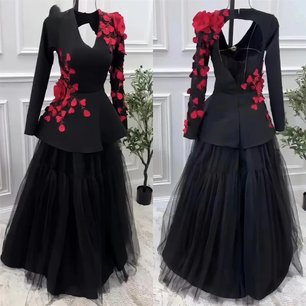 Customized Evening Dress Prom Dearin V-neck A-line Floor Length Open Back Skirts Layered Draped Tulle Applique Flower Bespoke