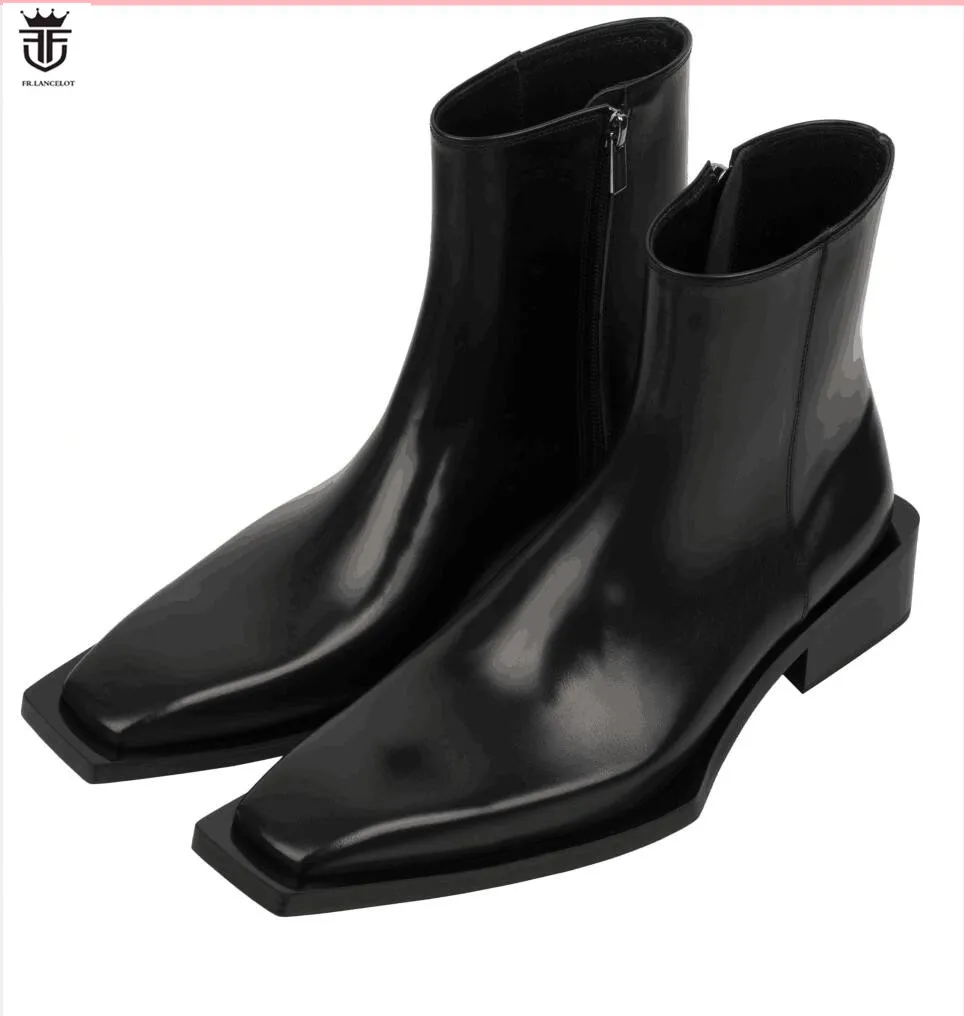 Fashion mens mujer botas Black real leather boots Slip On ankle booties male party shoes square toe men boots thick heel