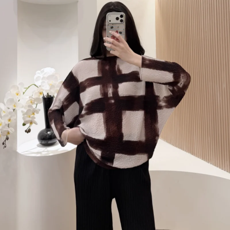 

Miyake Fashion Printing Long-sleeved Pleated Blouse Women's Spring New Commuter Versatile T-shirt Bottoming Shirt Thin Stretch