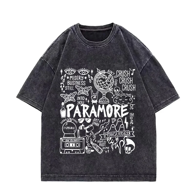 Rock band Paramore Doodle Art 2025 Tour Album Vintage Washed T shirt Men Women's Hip Hop streetwear short sleeve Cotton clothes