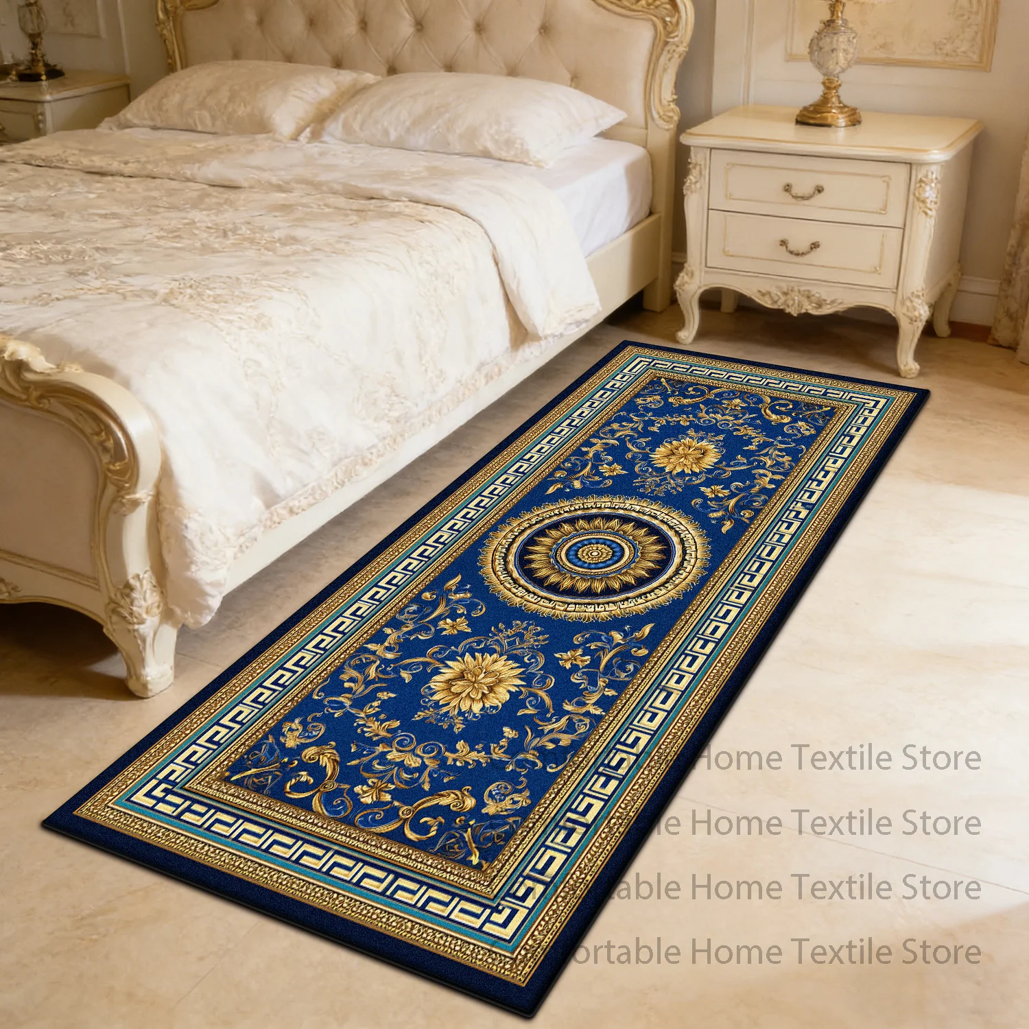 

Синий прикроватный плюшевый коврик в европейском роскошном стиле, эстетичный, моющийся, мягкий, нескользящий, имитация кашемира, для декора комнаты