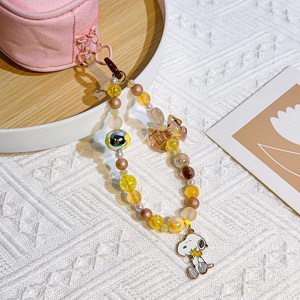 Snoopy Cute Cartoon Puppy Dog Phone Charm Strap with Yellow Bow Crystal Bead Handbag Keychain Wrist Lanyard Accessory Gifts view 5