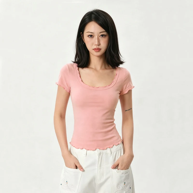 Women's Tencel U Neck Ruffled Edge Short Sleeve Top, Versatile Slim Fit Casual T-Shirt
