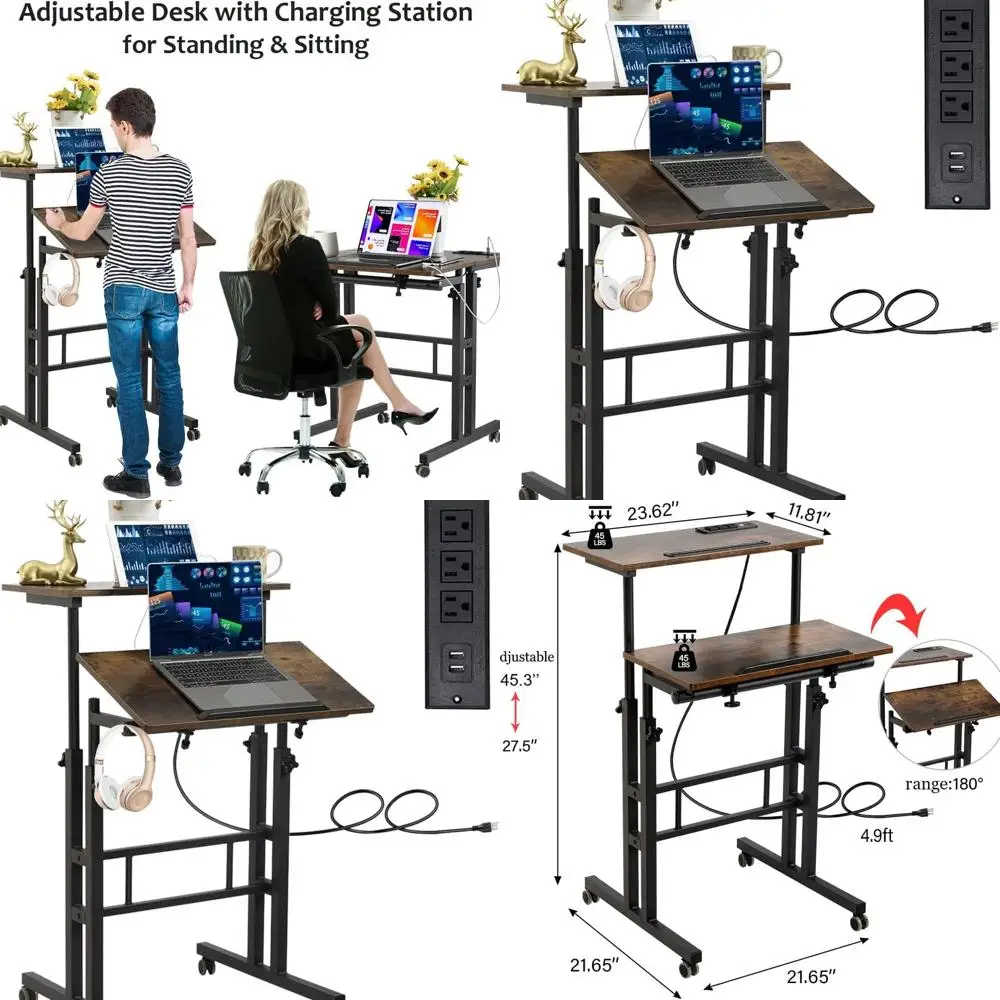 

Mobile Standing Desk with Wheels, Rolling Desk Adjustable Height, Portable Laptop Table with Charging Station, Sit Stand up for