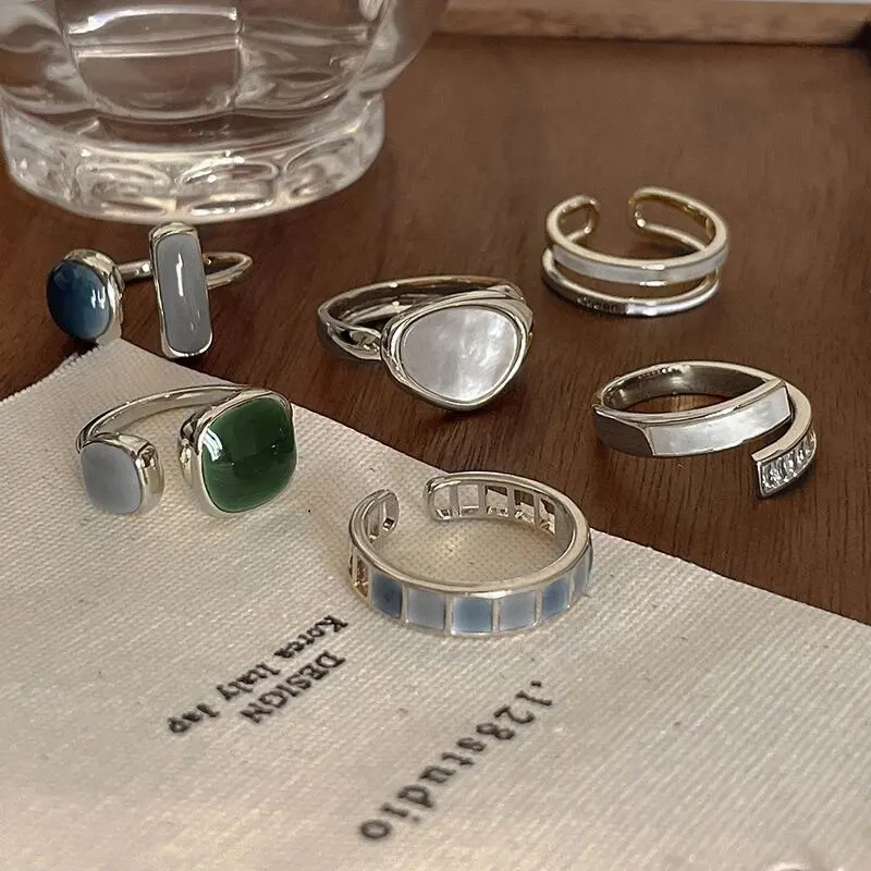 6Pcs New Fashionable Retro Emerald Moonlight Stone Joint Opening Ring Set For Women's Daily Versatile Gift Fashion Accessories image 3
