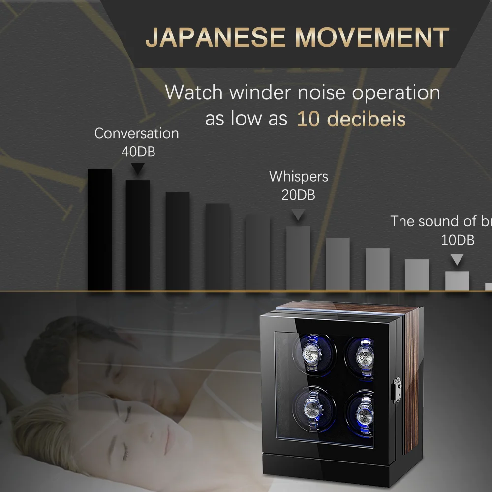 

4 Slot Watch Winding Box for Automatic Watch Quiet Japanese Motor LED Light with AC Adapter Wooden Watch Box Gift for Men