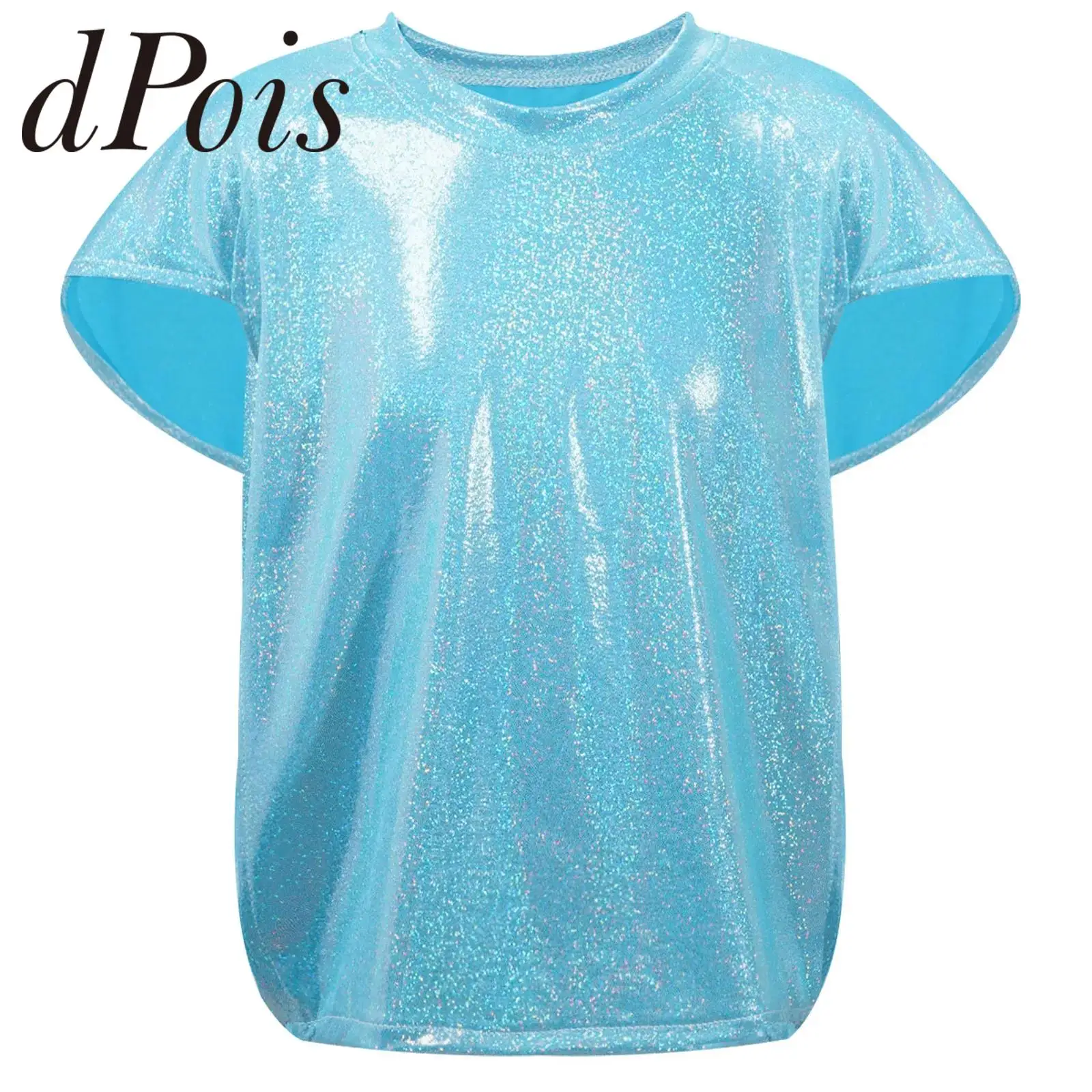 Kids T-shirt for Girls Boys Batwing Sleeve T-shirts Metallic Streetwear Cheerleading Jazz Dance Stage Performance Costume Tops