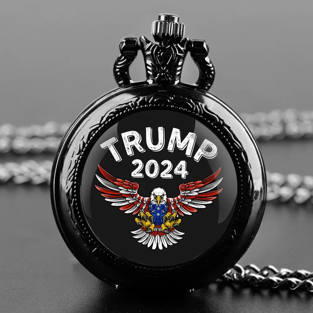 Trump 2024 Design Glass Dome Quartz Pocket Watch with Durable Chain Arabic Numeral Dial for Men and Women Creative Gifts