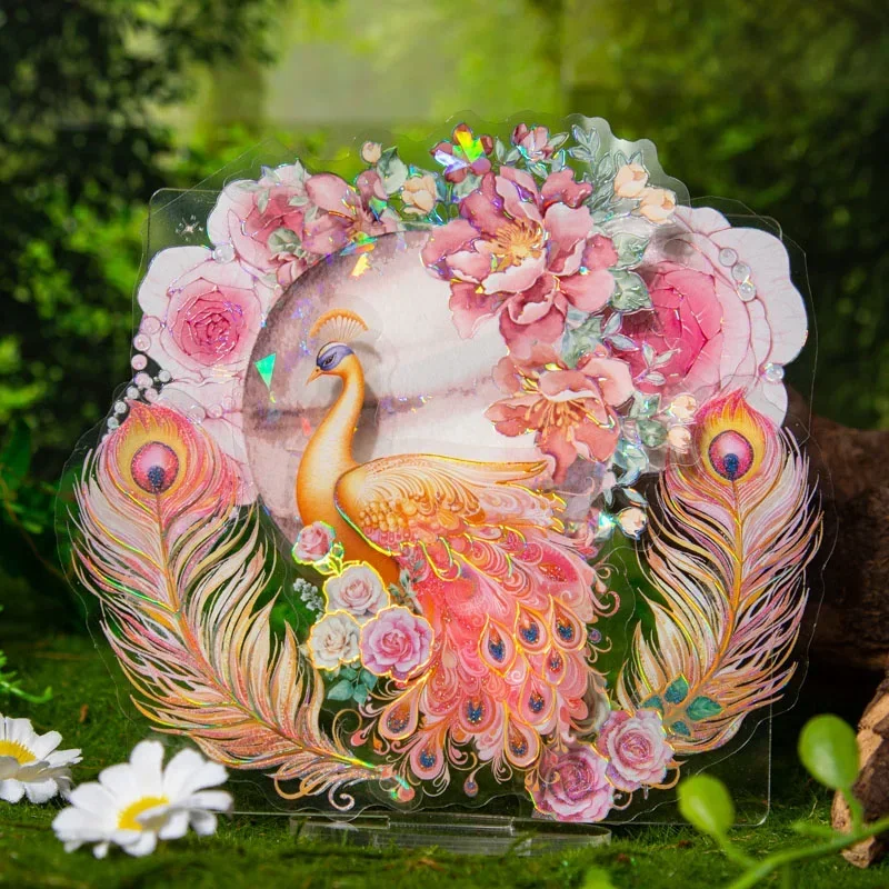 10Pcs Peacock South Flight Stickers Laser gold Dancing Dress Handbook Material Stationery Stickers Scrapbook Cut 95*119mm