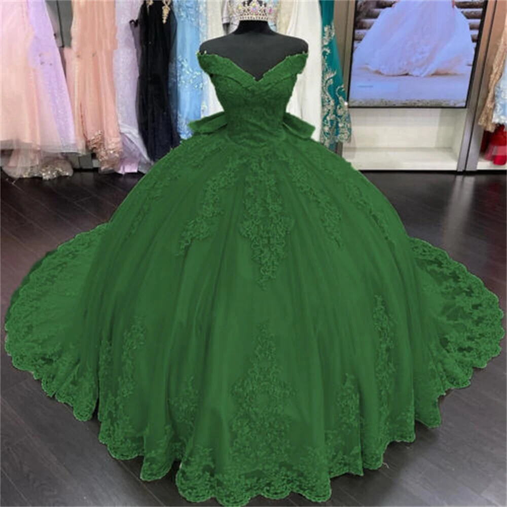 Elegante kanten off-shoulder gouden quinceanera-jurken sexy appliqué met strik vestidos de 15-jarig op maat