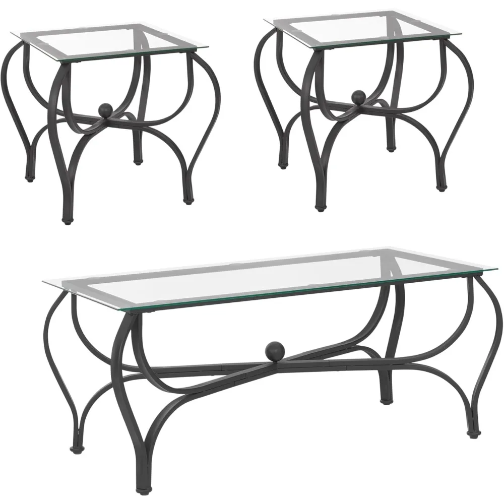 

Black Metal Glass Coffee Table 3-Piece Set, Industrial Style Coffee Table with 2 Square Side Tables, Simple Coffee Tab
