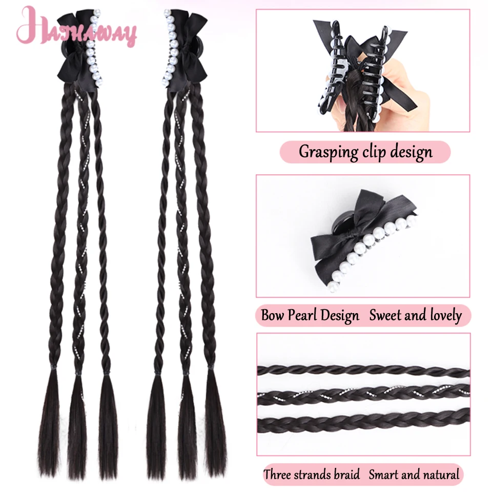 20 pollici Twist Braid femminile sintetico Bow Grip capelli intrecciati Fluffy Gentle Princess Head naturale doppia coda di cavallo parrucca usura quotidiana