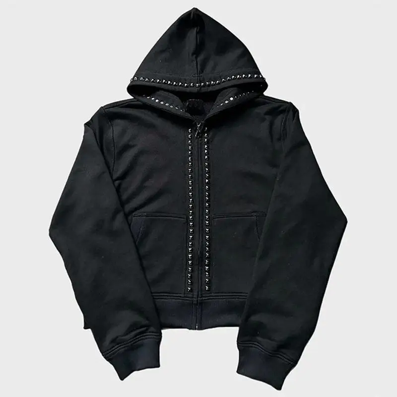 

2025 New Style Women's Zipper Hoodie Open Cardigan Street Style Loose Fit Diamond Embellished Long Sleeve Punk Style Winter S...