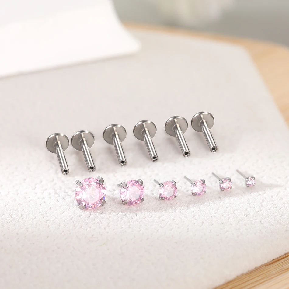 1PCS Titanium Push-in Labret Piercings with 1.5/2/2.5/3/4/5mm Pink Zircon Threadless Stud Earrings Tragus Helix Piercing Jewelry