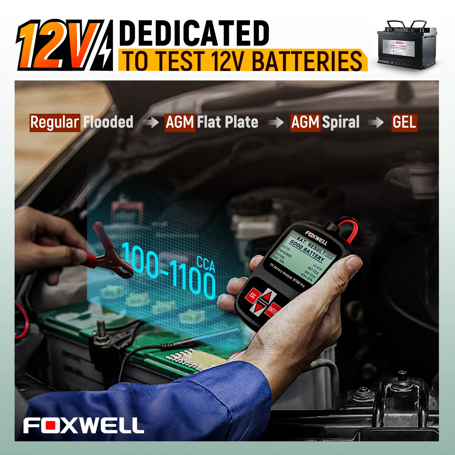 FOXWELL BT100 PRO 12V Car Battery Tester  100-1100 CCA Batter Check Battery Health Diagnostic Tool