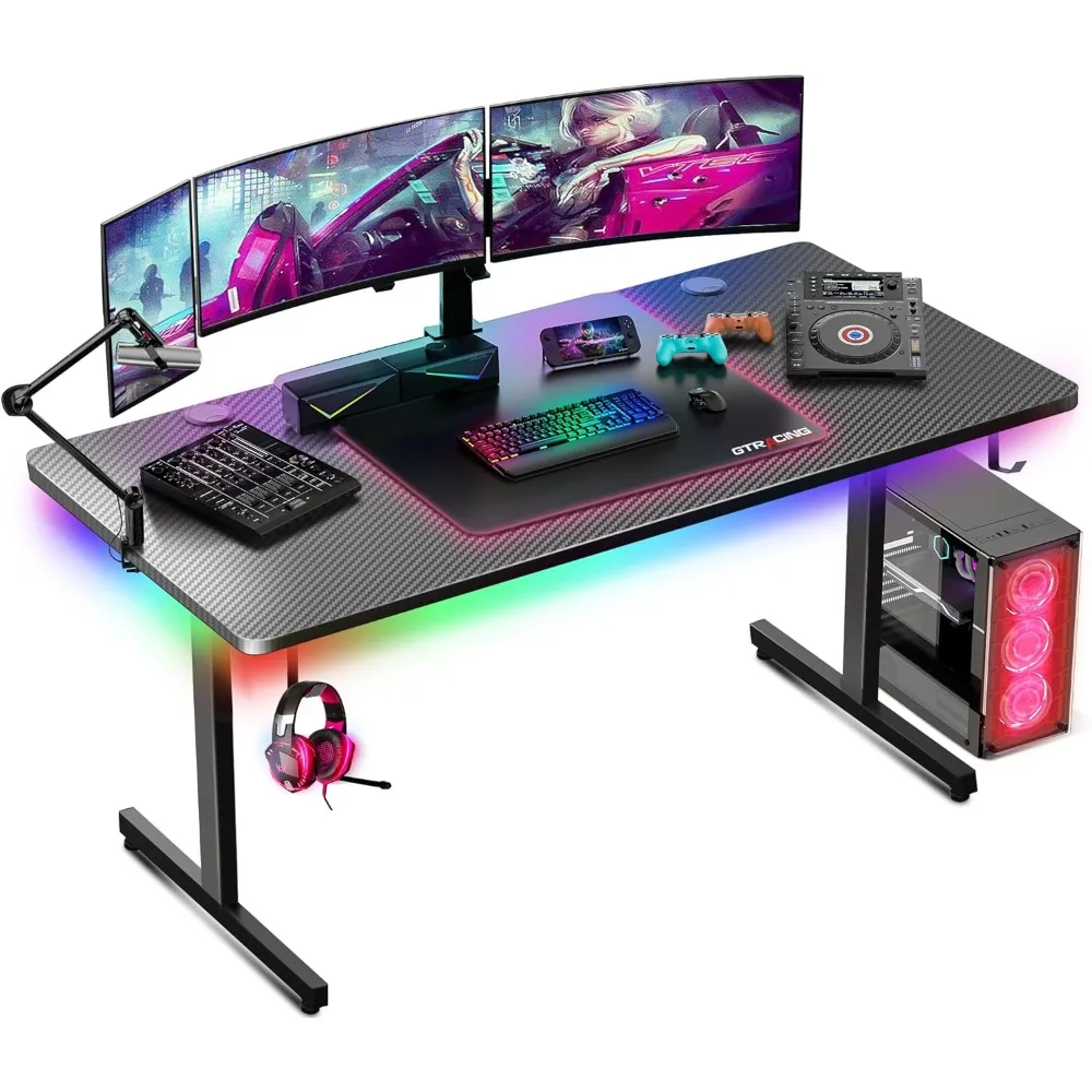 

Gaming Desk 55 Inch with LED Lights, Large Computer Desk with Mouse Pad for Home Office, T-Shaped Carbon Fibre Surface PC Game