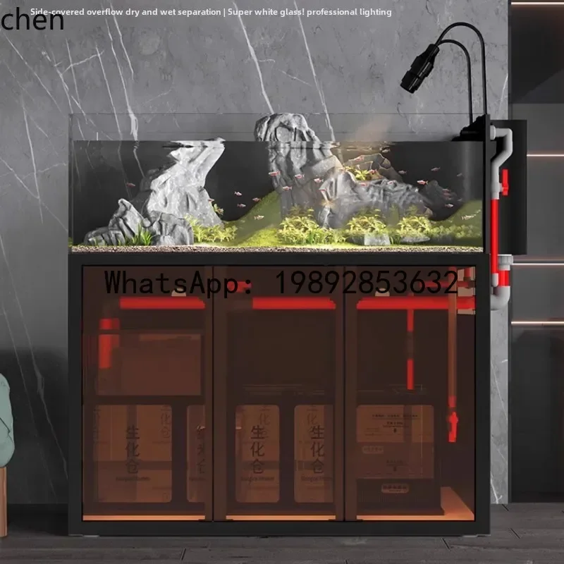 

MR living room ultra-white glass stream tank bag backside overflow ecological sea tank aquatic plant tank