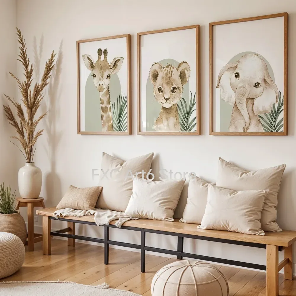 3PCS frameless   ,Art and Animal Posters,Sage Green Jungle Theme Canvas Prints,Including Elephants,Lions and Giraffes Decorating
