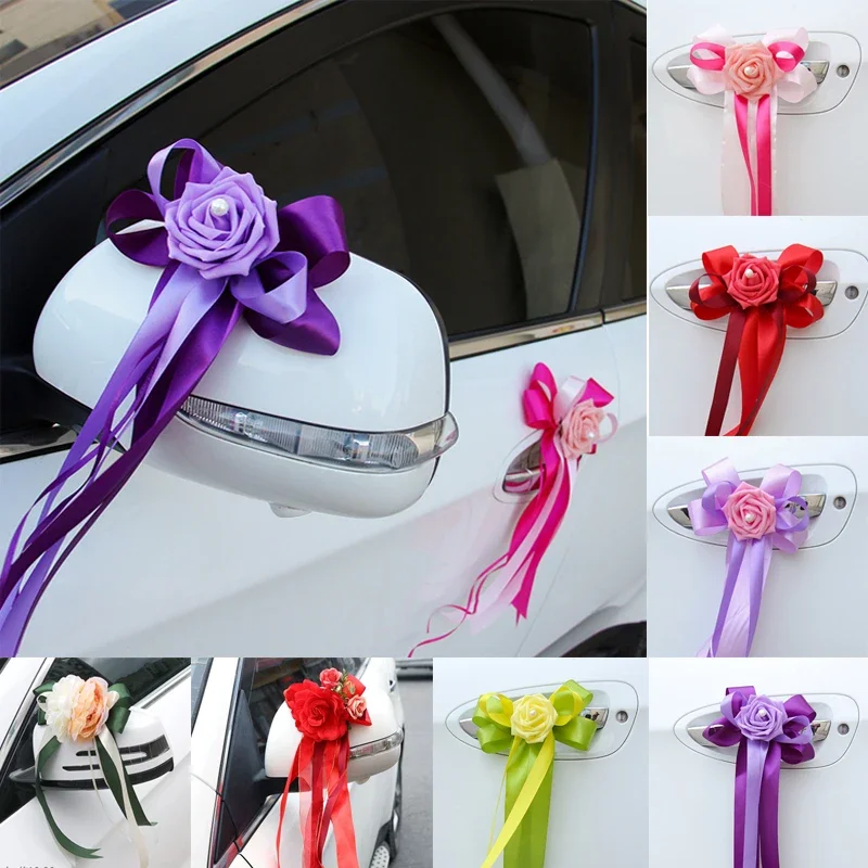 Multi-colors Artificial Flower Ribbon Wedding Car Rearview Mirror Car Door Decoration Wedding Party Decor Supplies Home Ornament