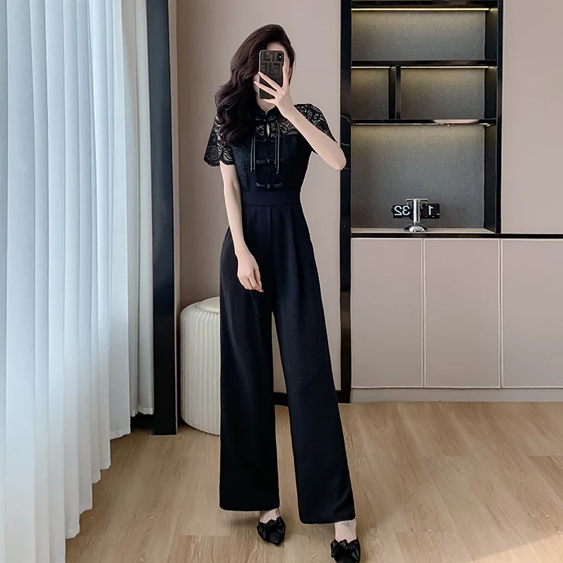 

Chinese Cheongsam Collar Women Jumpsuits 2024 Summer Short Sleeve Wide Leg Overalls Casual Lace Patchwork Draped Rompers